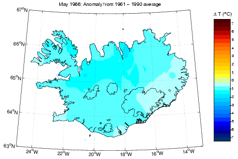 Frávik frá meðalhita í maí 1966 