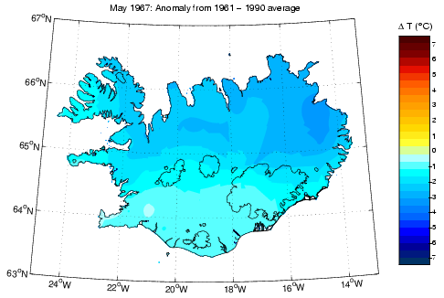 Frávik frá meðalhita í maí 1967 