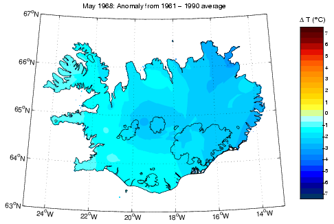 Frávik frá meðalhita í maí 1968 