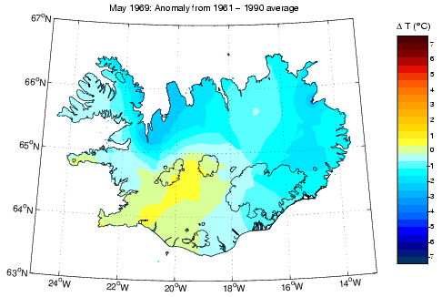 Frávik frá meðalhita í maí 1969 