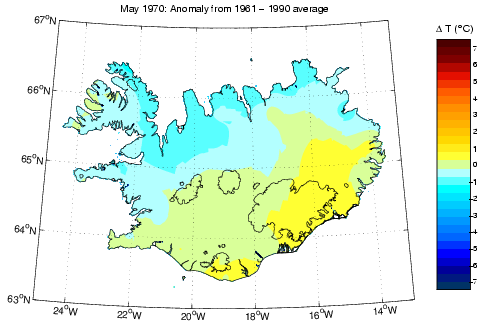 Frávik frá meðalhita í maí 1970 