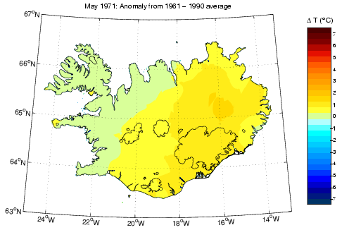 Frávik frá meðalhita í maí 1971 