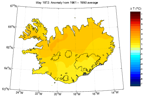 Frávik frá meðalhita í maí 1972 