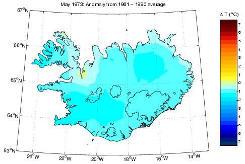 Frávik frá meðalhita í maí 1973 