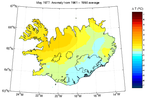 Frávik frá meðalhita í maí 1977 