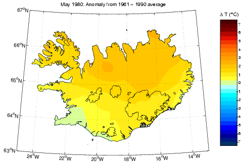 Frávik frá meðalhita í maí 1980 