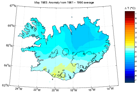 Frávik frá meðalhita í maí 1983 