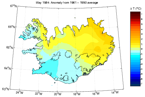 Frávik frá meðalhita í maí 1984 