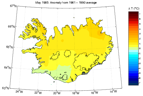 Frávik frá meðalhita í maí 1985 