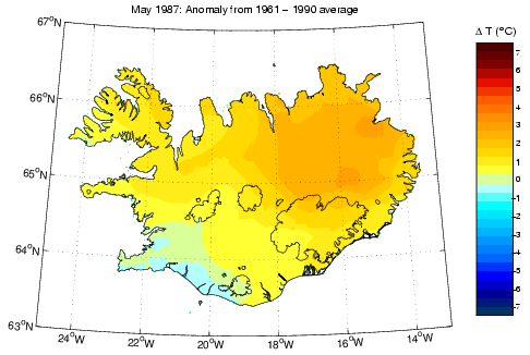 Frávik frá meðalhita í maí 1987 