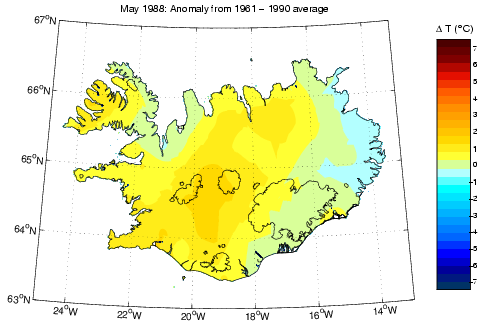 Frávik frá meðalhita í maí 1988 