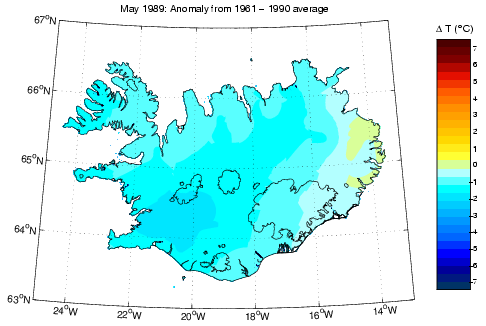 Frávik frá meðalhita í maí 1989 