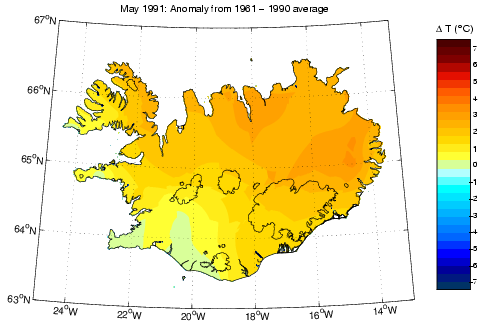 Frávik frá meðalhita í maí 1991 