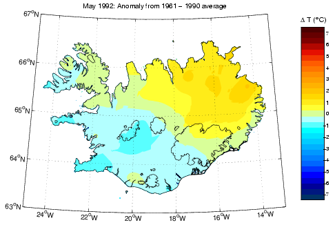 Frávik frá meðalhita í maí 1992 