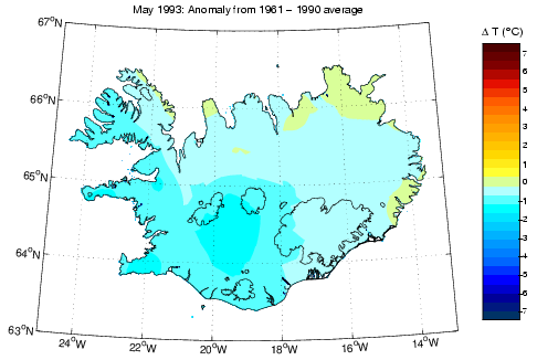 Frávik frá meðalhita í maí 1993 