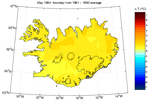 Frávik frá meðalhita í maí 1994 