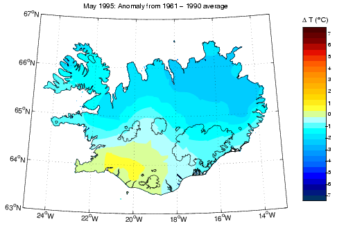 Frávik frá meðalhita í maí 1995 