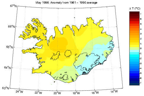 Frávik frá meðalhita í maí 1996 