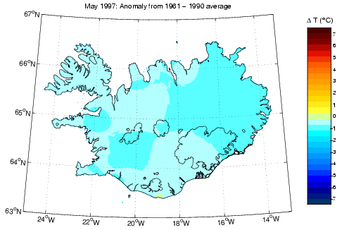 Frávik frá meðalhita í maí 1997 