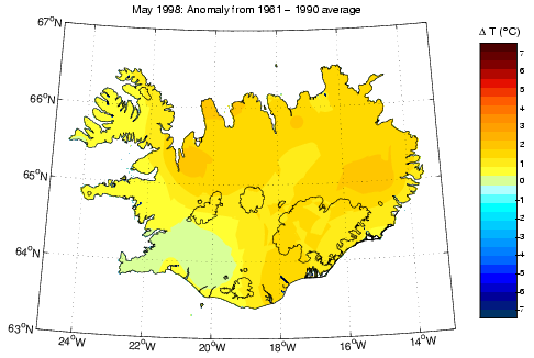 Frávik frá meðalhita í maí 1998 