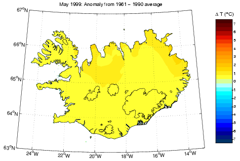 Frávik frá meðalhita í maí 1999 