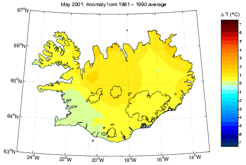 Frávik frá meðalhita í maí 2001 