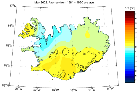 Frávik frá meðalhita í maí 2002 