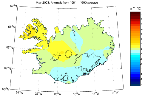 Frávik frá meðalhita í maí 2003 