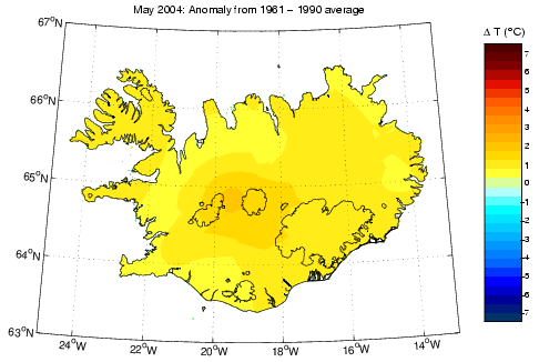 Frávik frá meðalhita í maí 2004 