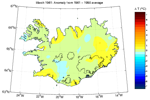 Frávik frá meðalhita í mars 1961