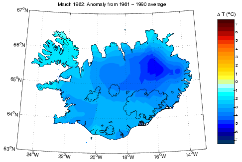 Frávik frá meðalhita í mars 1962