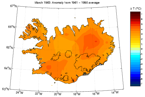 Frávik frá meðalhita í mars 1963