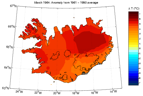 Frávik frá meðalhita í mars 1965