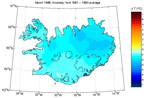 Frávik frá meðalhita í mars 1966