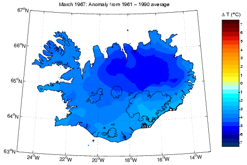 Frávik frá meðalhita í mars 1967