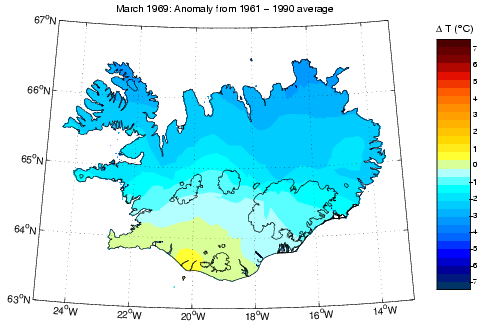 Frávik frá meðalhita í mars 1969