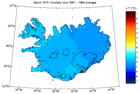 Frávik frá meðalhita í mars 1970