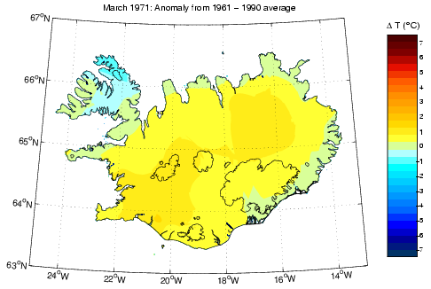 Frávik frá meðalhita í mars 1971