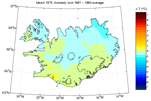 Frávik frá meðalhita í mars 1975