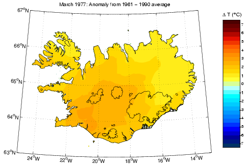 Frávik frá meðalhita í mars 1977