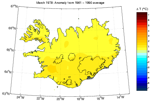 Frávik frá meðalhita í mars 1978