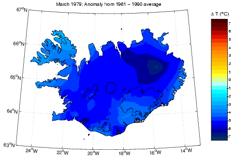 Frávik frá meðalhita í mars 1979