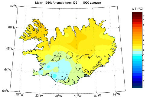 Frávik frá meðalhita í mars 1980