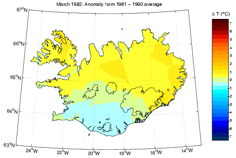 Frávik frá meðalhita í mars 1982