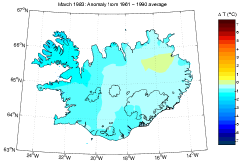 Frávik frá meðalhita í mars 1983