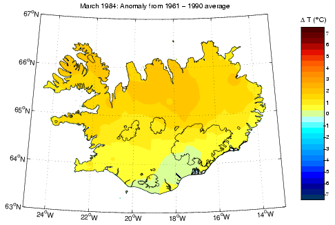 Frávik frá meðalhita í mars 1984