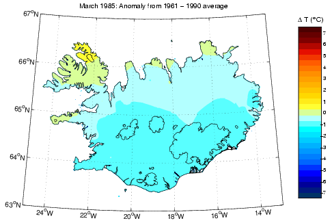 Frávik frá meðalhita í mars 1985