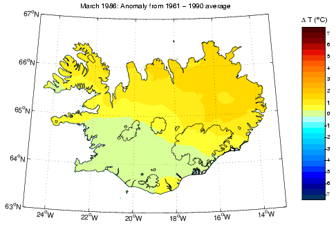 Frávik frá meðalhita í mars 1986