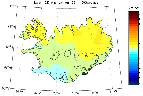 Frávik frá meðalhita í mars 1987