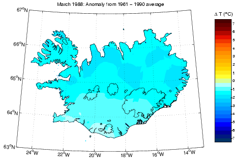 Frávik frá meðalhita í mars 1988